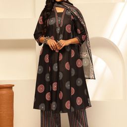 Vbuyz Floral Printed V-Neck Sequinned Pure Cotton A-Line Kurta With Palazzos & Dupatta-3