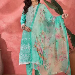 Sangria Digital Printed & Schiffly Embroidered Pure Cotton Kurta With Trousers & Dupatta-picture-48