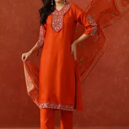 QSH Floral Yoke Design Thread Work Straight Kurta With Trousers & Dupatta-picture-6