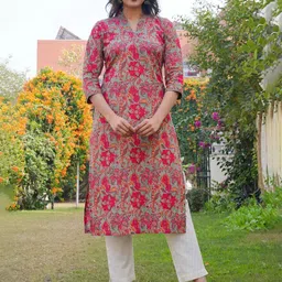 KALINI Floral Printed V-Neck Pure Cotton Straight Kurta-40