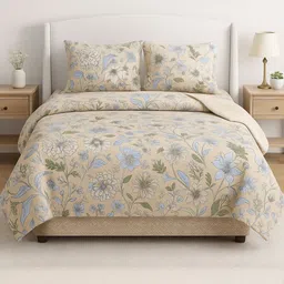Signature Beige & Blue Floral Polycotton 3 Piece Double King Superfine Bedding Set-picture-38