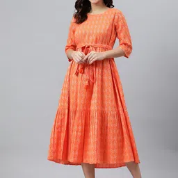 Janasya Women's Orange Pure Cotton Woven Design Tiered Dress-image-66