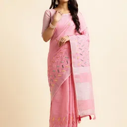DIVASTRI Linen Blend Woven Design Embroidered Zari Handloom Saree-picture-50