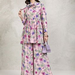 Vishudh Pink Floral Printed Tie-Up Neck Three-Quarter Sleeves Tunic With Trouser-image-21