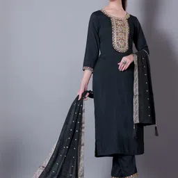 Ethnic Motifs Embroidered Thread Work Straight Kurta with Palazzos & Dupatta-picture-7