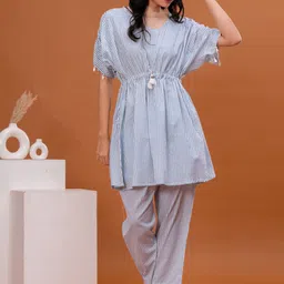 HIGHLIGHT FASHION EXPORT Striped V NeckPure Cotton Tunic With Trousers-image-91