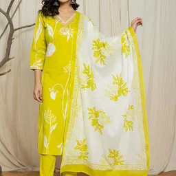 IkDaiya Floral Printed V-Neck Mirror Work Pure Cotton Kurta With Trousers & Dupatta-19