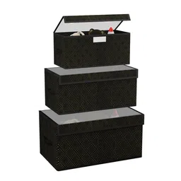Kuber Industries Black & Beige 3 Pieces Printed Storage Box Organisers With Lid-44