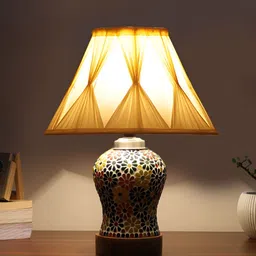 Devansh White Textured Traditional Frusturical Shaped Wooden Table Lamp & Mosaic Glass image 3