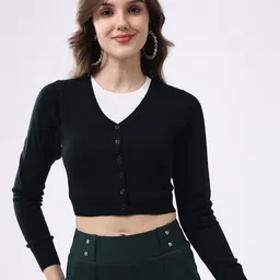Monte Carlo Women V Neck Full Sleeve Woollen Crop Cardigan-picture-43