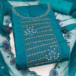 SHADOW & SAINING Floral Embroidered Beads & Stones Pure Silk Unstitched Dress Material-picture-46
