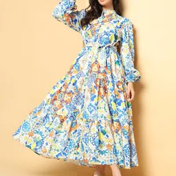 SHOWOFF Women Ethnic Motifs Printed Puff Sleeve Fit & Flare Maxi Dress-image-79