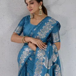 PBS PRINTS Floral Woven Design Zari Banarasi Saree With Blouse Piece-picture-4