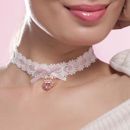 Rubans Elegant White Lace Choker with Pink Heart Crystal Pendant and Bow Accent-36