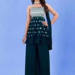 PARROT CREATION Women Embroidered Regular Sequinned Kurti with Sharara & With Dupatta-image-90
