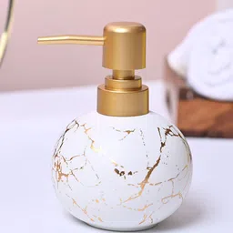 MARKET99 White & Gold-Toned Abstract Printed Glossy Ceramic Soap Dispenser-0