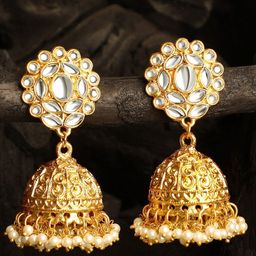 Stefan Gold-Plated Kundan Studded Dome Shaped Jhumkas Earrings-47