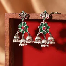 Priyaasi Silver Plated Artificial Stones and Beads Beaded Oxidised Jhumkas-4
