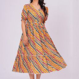DECORIS Striped Puff Sleeve Fit & Flare Midi Dress-picture-26