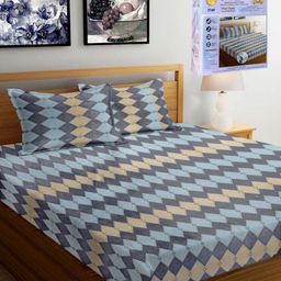 FABINALIV Grey & Blue Geometric 300 TC King Bedsheet with 2 Pillow Covers-4