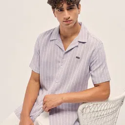 THE BEAR HOUSE Men Vertical Striped Cuban Collar Linen Casual Shirt-picture-12
