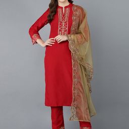 KALINI Ethnic Motifs Yoke Design Regular Zari Straight Kurta with Trousers & Dupatta-image-32