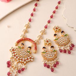 DASTOOR Gold-Plated Stone-Studded & Beaded Necklace & Earrings-10