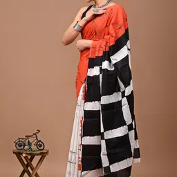 Crafts Moda Checked Pure Cotton Handloom Block Print Saree image 4