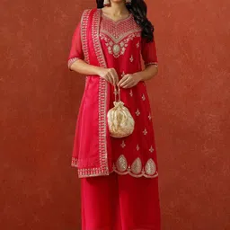 QSH Embroidered A-Line Solid Festive Kurta & Trousers With Dupatta-image-39
