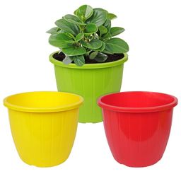 Kuber Industries 3-Pcs Yellow & Green Striped Flower Pots-14