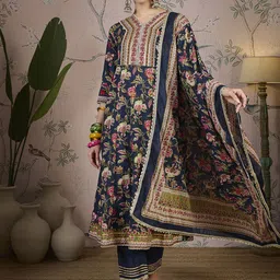 Sangria Floral Printed V-Neck Anarkali Pure Cotton Kurta With Trousers & Dupatta-picture-37