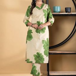 Readiprint Floral Printed V-Neck Straight Pure Cotton Kurta With Trousers-image-94