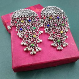Saizen Rhodium Plated Artificial Stones Studded Oxidised Contemporary Drop Earrings-image-16