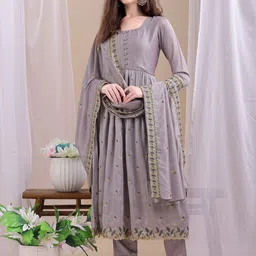 KALINI Embroidered Thread Work Anarkali Kurta With Trousers And Dupatta-10
