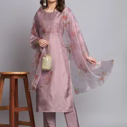 VredeVogel Women Chanderi Modal Butti Straight Kurta Pant Set with Dupatta-33