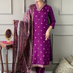 Happy Design Geometric Embroidered Chanderi Silk Straight Kurta With Trousers & Dupatta-picture-48