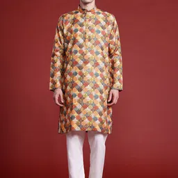 MANQ Men Geometric Printed Flared Sleeves Mirror Work Kurta image 1