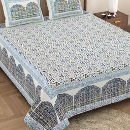 The Craft Monk White & Blue King Bedsheet with 2 Pillow Covers-image-94