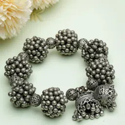 Moedbuille Silver-Plated Ghungroo Studded Filigree Work Oxidised Bangle-Style Bracelet-image-53