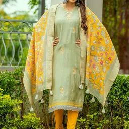 MITTOO Ethnic Motifs Embroidered Thread Work Straight Kurta with Trousers & With Dupatta-picture-40