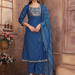Royal Export Ethnic Motifs Embroidered Thread Work Straight Kurta with Trouser & Dupatta-picture-5