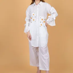 COORDSHUB Embroidered Pure Cotton Shirt Collar Top With Trousers Co-Ords Set-picture-14