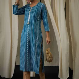 Anouk Floral Printed Round Neck Thread Work Pure Cotton Straight Kurta-image-38
