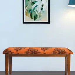 GLOBALLY INDIAN Orange & Brown Sheesham Wooden Cushioned Rectangle Bench-24