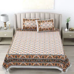 Wayne Martin Brown & Orange Floral 300 TC Pure Cotton King Bedsheet With 2 Pillow Covers-3