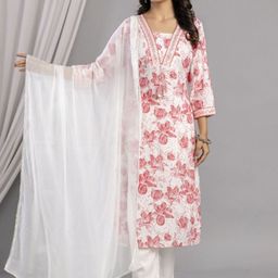 Veshviti Women Floral Printed Regular Thread Work Kurta with Trousers & Dupatta-16