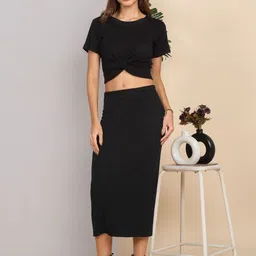 SZN Women Black Rib Cotton Front Knot Top and Skirt-picture-24