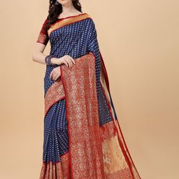 HANDSEL Woven Design Zari Pure Silk Banarasi Saree and Blouse Piece-image-13