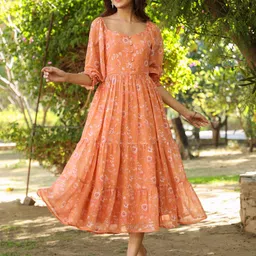 Janasya Floral Print Puff Sleeve Georgette Fit & Flare Midi Dress-image-65