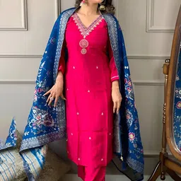 Ekta Textiles Women Ethnic Motifs Embroidered Regular Thread Work Chanderi Silk Kurta with Pyjamas & With-picture-18